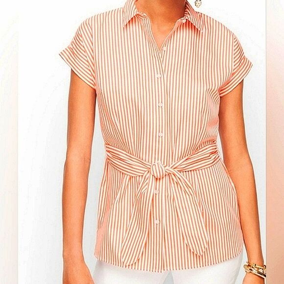 Talbots Pink & White Stripes Tie Waist Casual Coastal Grandma Button Front Top - Picture 1 of 10